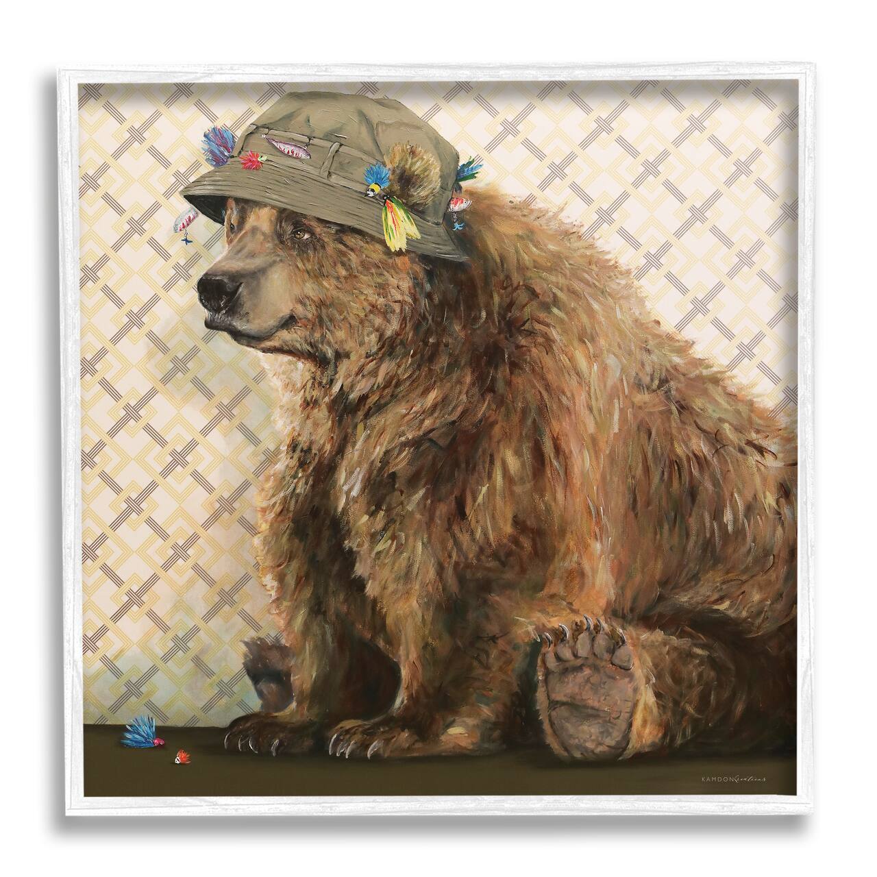 Stupell Industries Rustic Brown Bear Wearing Fisherman's Hat Geometric Pattern Framed Wall Art